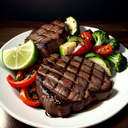 Beef steak and grilled vegetables on cutting boardの素材