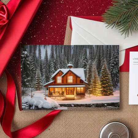 Christmas greeting card with decor and gift boxの素材