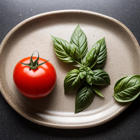 Fresh ripe garden tomatoes and basil on stone tableの素材