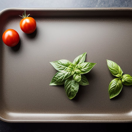 Fresh ripe garden tomatoes and basil on stone tableの素材