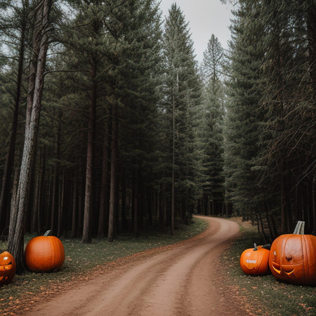 Halloween background. Spooky forest with trees and pumpkins and wooden tableの素材