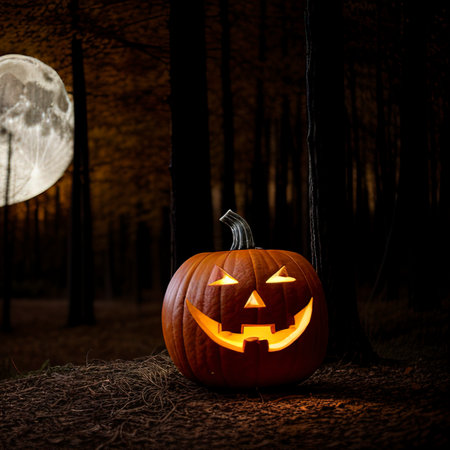 Halloween background. Spooky pumpkin with moon and dark forestの素材
