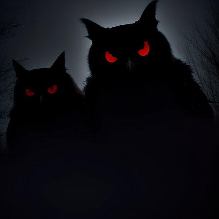 Halloween scary dark background with magic red and blue lights evil eyes, owls and bats silhouettes in mystic fogの素材