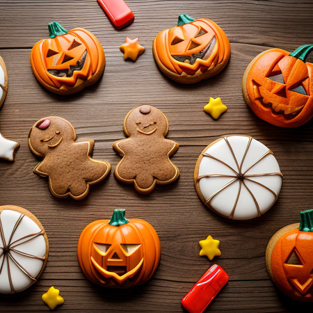 Halloween gingerbread cookies with candies on white wooden tableの素材