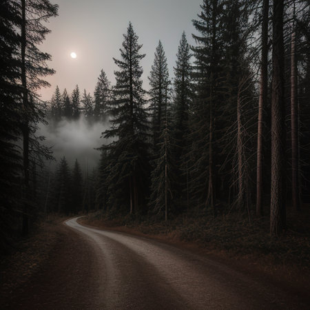 Dark gloomy forest. Night in the forest. Nature scene with forest and moonlight. Night view of the forest, nature, fog, smog, smokeの素材