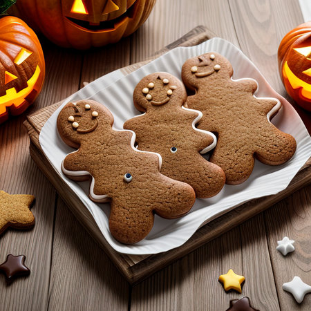 Halloween gingerbread cookies with candies on white wooden tableの素材