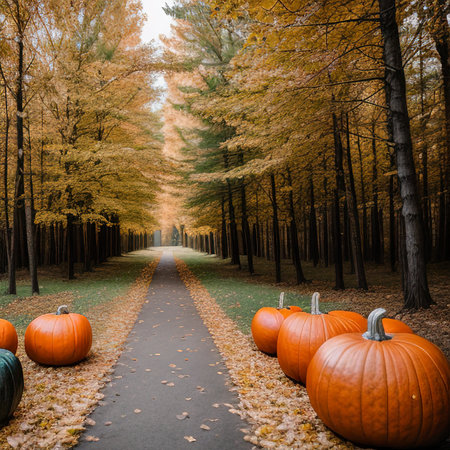 Halloween background. Spooky forest with trees and pumpkins and wooden tableの素材