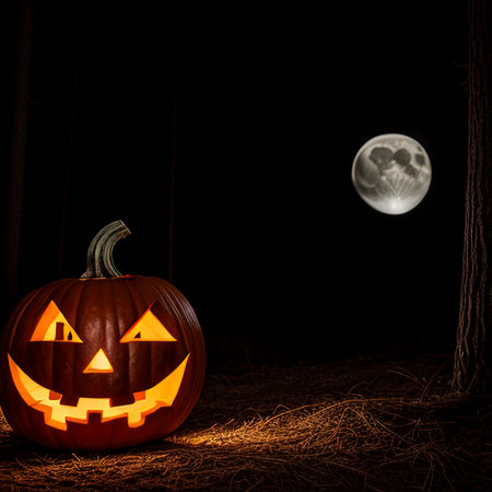 Halloween background. Spooky pumpkin with moon and dark forestの素材