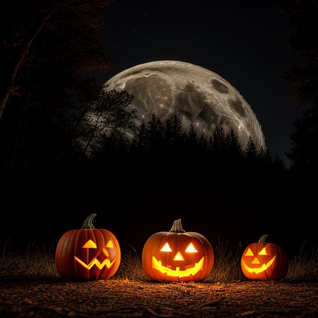 Halloween background. Spooky pumpkin with moon and dark forestの素材