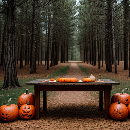 Halloween background. Spooky forest with trees and pumpkins and wooden tableの素材