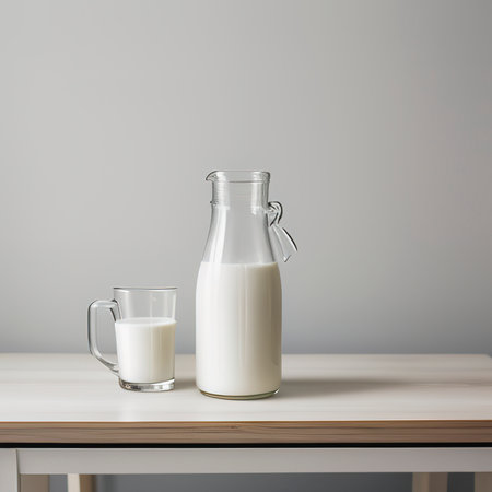 milk on a table isolated on white backgroundの素材