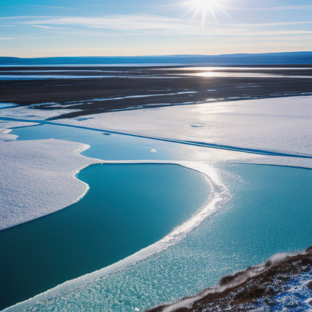 Man tourist walking on the ice of Baikal lake. Winter landscape of Baikal lake, Siberia, Russia. Blue transparent cracked ice and the blue skyの素材