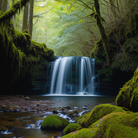 Scenic waterfall in a mossy forestの素材