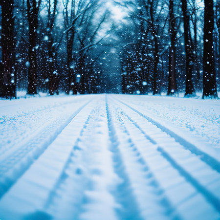 Beautiful winter snowy blurred defocused blue background and empty wooden flooring. Flakes of snow fall and sparkle on light, copy spaceの素材
