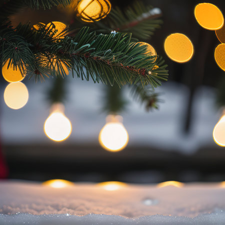 Fir branches in snow with wooden table and festive bokeh at christmas timeの素材