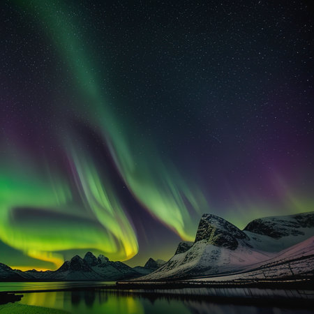 Green and purple aurora borealis over snowy mountains. Northern lights in Lofoten islands, Norway. Starry sky with polar lightsの素材