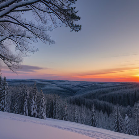 winter panorama landscape with forest, trees covered snow and sunrise. winterly morning of a new day. purple winter landscape with sunset, panoramic viewの素材