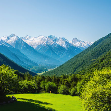 table background of free space for your decoration and blurred landscape of mountains.Blue sky with sun light and green small leavesの素材