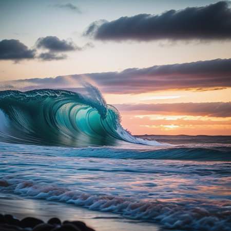 ocean sunset and tidal wavesの素材