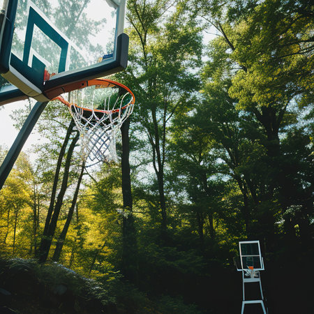 Action shot of basketball falls through basketball hoop and net on nature backgroundの素材