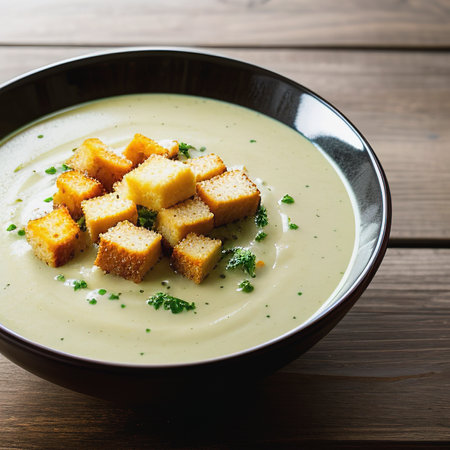 Bowl of cream broccoli soup with bread croutons on a wooden backgroundの素材