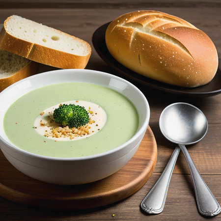 Bowl of cream broccoli soup with bread croutons on a wooden backgroundの素材