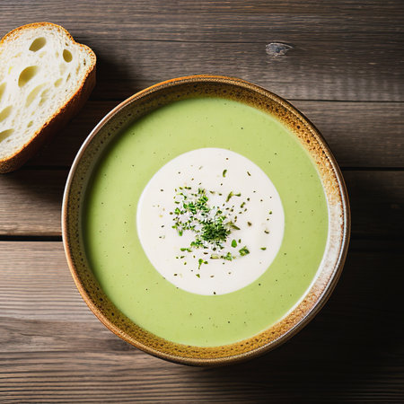 Bowl of cream broccoli soup with bread croutons on a wooden backgroundの素材