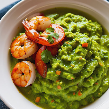 Spicy Shrimps and Guacamole with fresh cilantro a la carteの素材