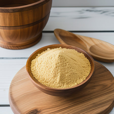 Chickpea flour in white ceramic bowl on wooden table with copy spaceの素材