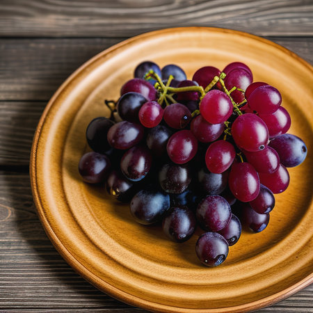 Plate of fresh ripe red grapes on wooden table close upの素材