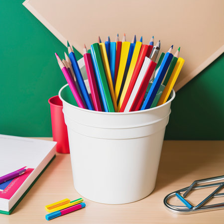 Stationery Pencils paper clip pen eraser in a white bucket. Still life on green school board background. Copy space Flat lay Top view Concept Educationの素材