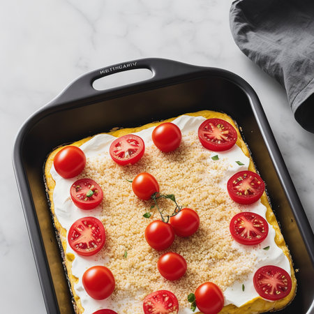 Tart with cherry tomatoes, cheese and onions on aluminum baking dish. From series Healthy Eatingの素材