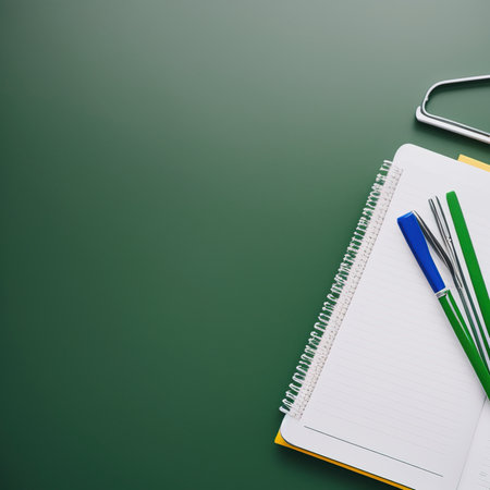 Stationery Pencils paper clip pen eraser in a white bucket. Still life on green school board background. Copy space Flat lay Top view Concept Educationの素材