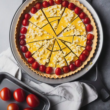 Tart with cherry tomatoes, cheese and onions on aluminum baking dish. From series Healthy Eatingの素材
