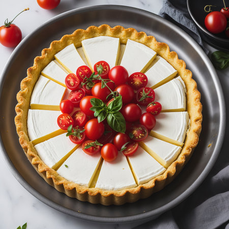 Tart with cherry tomatoes, cheese and onions on aluminum baking dish. From series Healthy Eatingの素材