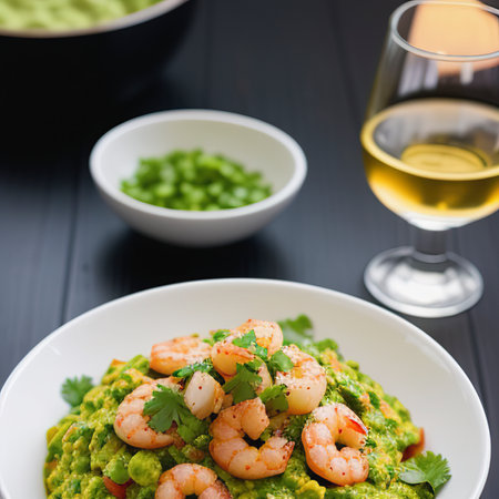 Spicy Shrimps and Guacamole with fresh cilantro a la carteの素材