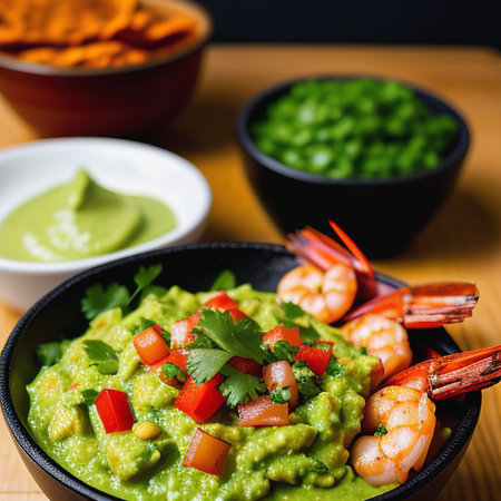 Spicy Shrimps and Guacamole with fresh cilantro a la carteの素材