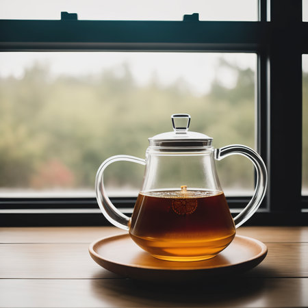 Hot tea is steamed in a glass teapot on a rustic tableの素材
