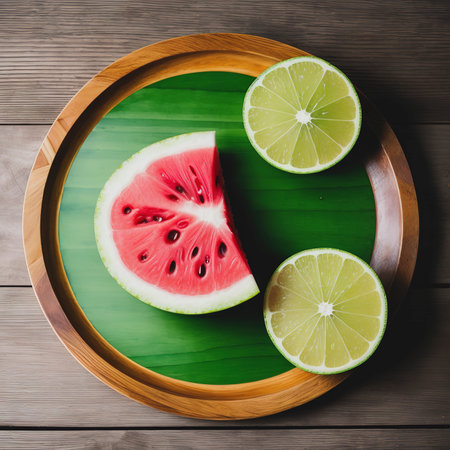fresh watermelon and lime on wooden backgroundの素材