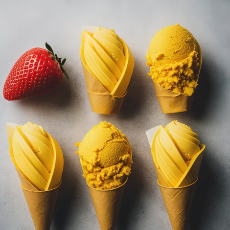 yellow passion fruit and red strawberry ice cream cones in clear glasses on white backgroundの素材