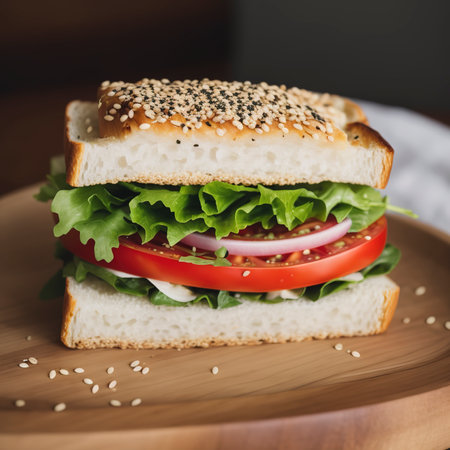 sandwich with sesame seeds on top and tomatoesの素材