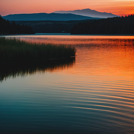 Sunset on the lake splash beautiful orange lightの素材