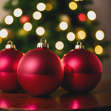 Red Christmas glass balls on wooden table against the background of defocus from the lightsの素材