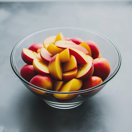 Nectarines in a pretty glass bowl. Extreme shallow depth of field with selective focus on sliced fruitの素材