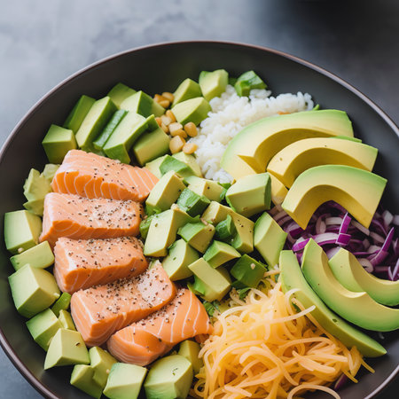 Organic poke bowl with salmon, avocado and vegetables on dark backgroundの素材
