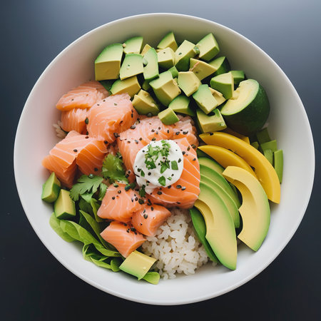 Organic poke bowl with salmon, avocado and vegetables on dark backgroundの素材