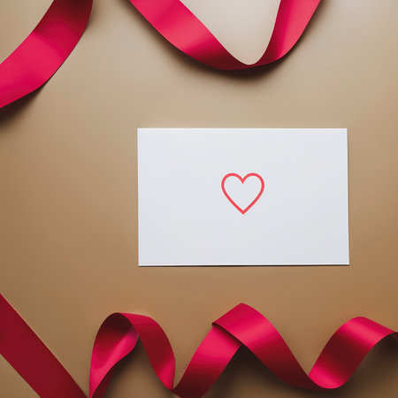 Paper red heart and ribbon with a bow on a yellow background, flat lay. Banner, copy space. Gift background with place for textの素材