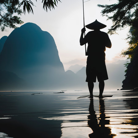 Silhouette of traditional fishing method using a bamboo square dip net in Patthalung, South of Thailand. taken in the morningの素材