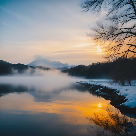 Swan swims in the mist on a winter lake in the sun at sunsetの素材