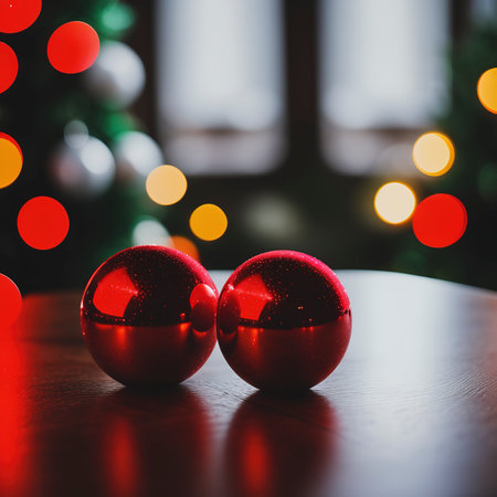 Red Christmas glass balls on wooden table against the background of defocus from the lightsの素材